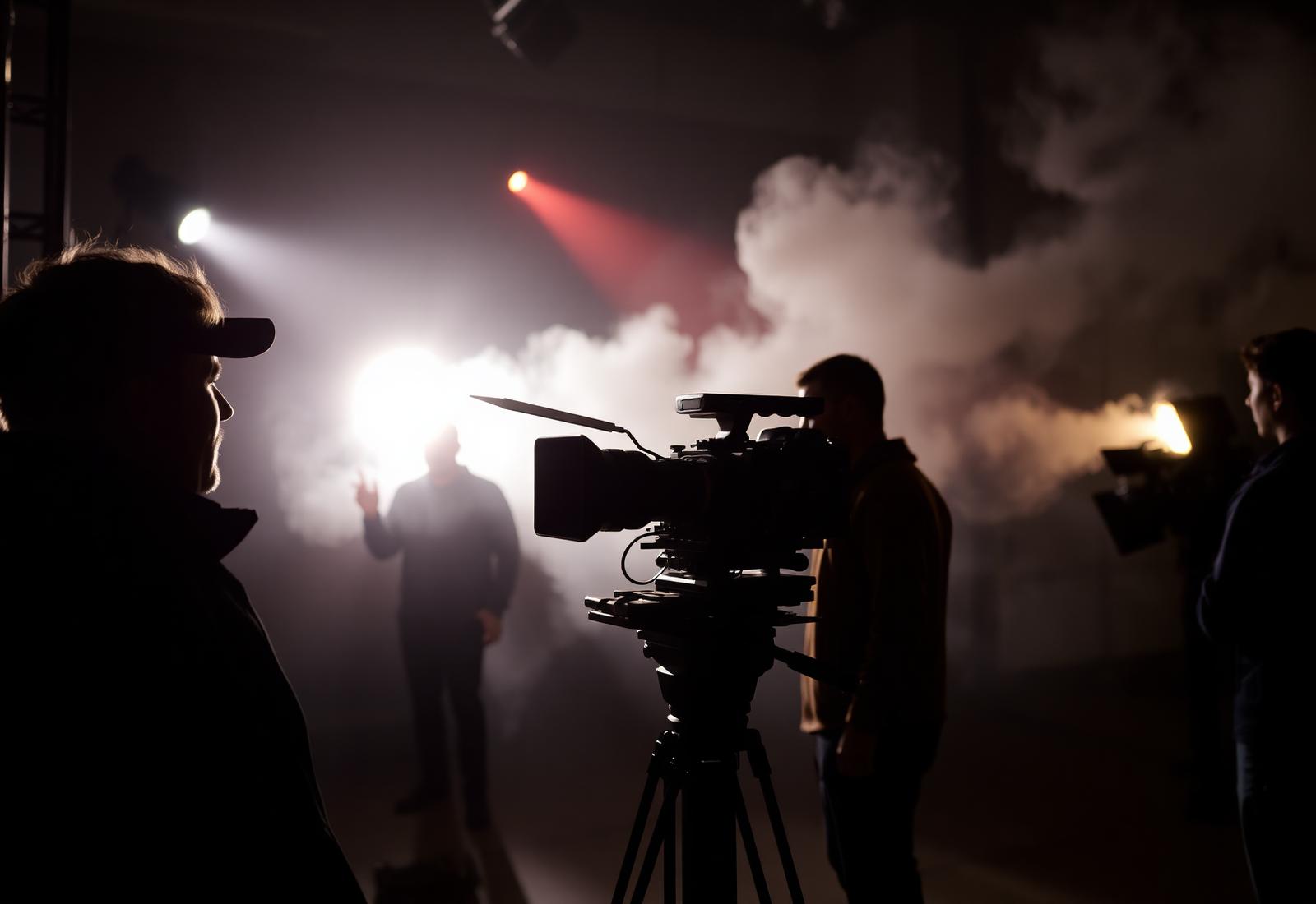 Film crew working with a camera and lighting on location