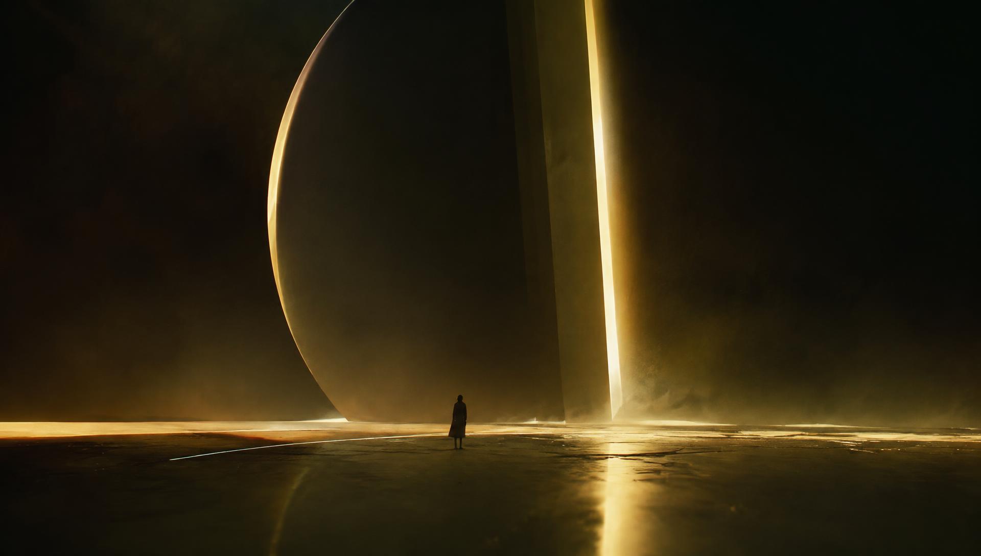 Surreal AI-generated cinematic landscape with a lone figure in golden light
