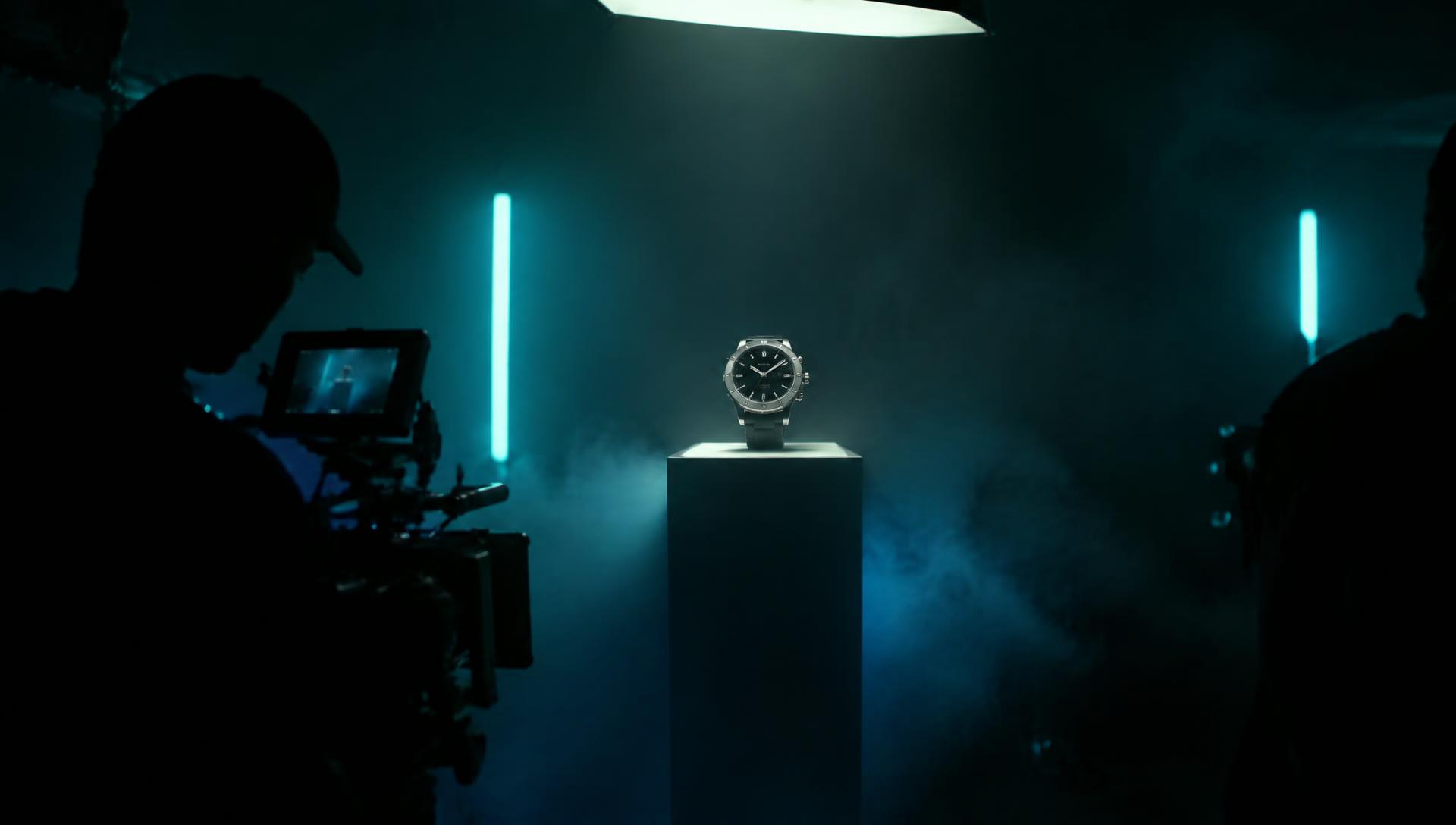 Cinematic commercial set with a product lit under a single spotlight