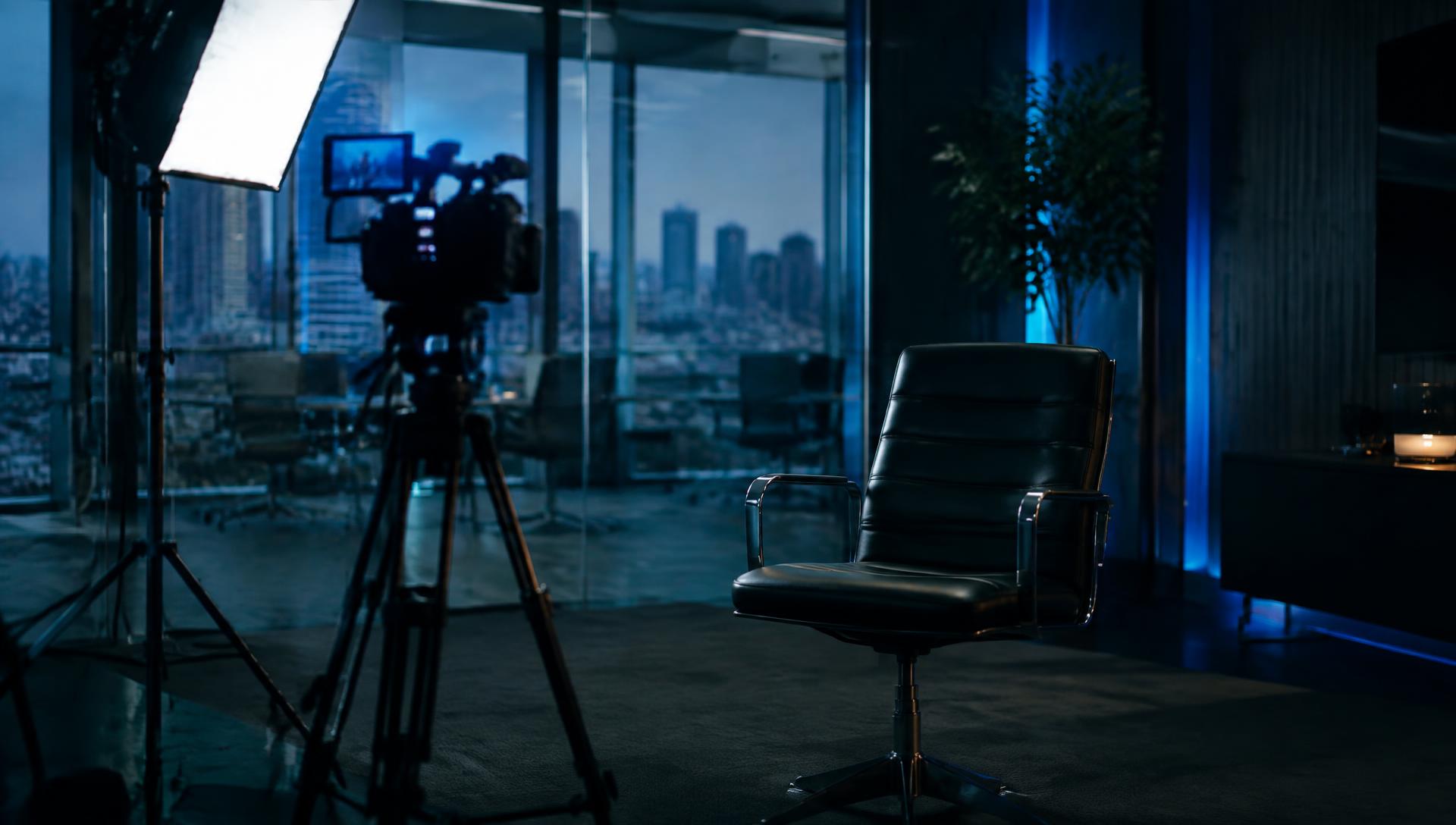 Cinema camera and soft light set up in a glass office at dusk