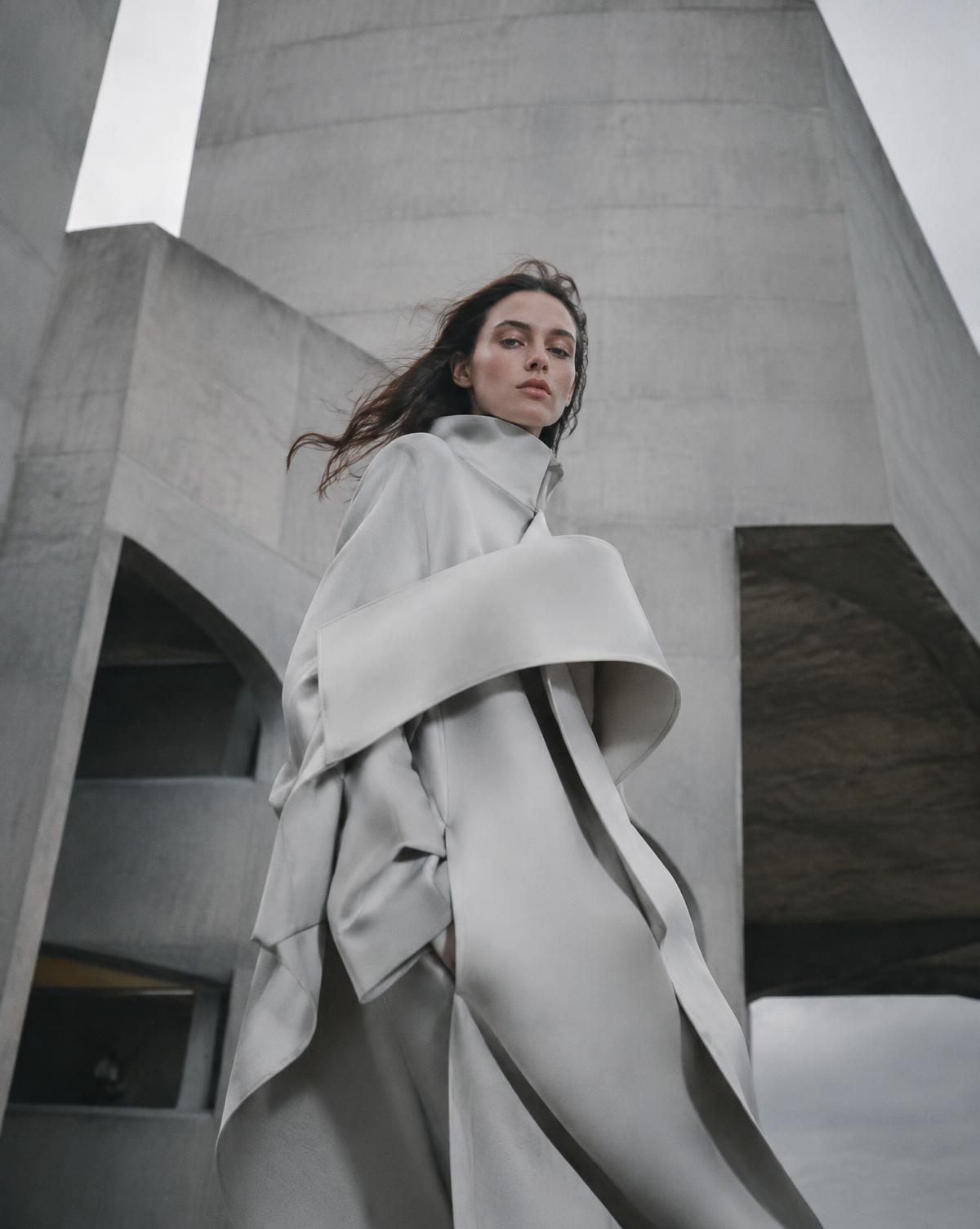 Fashion editorial photograph against concrete architecture